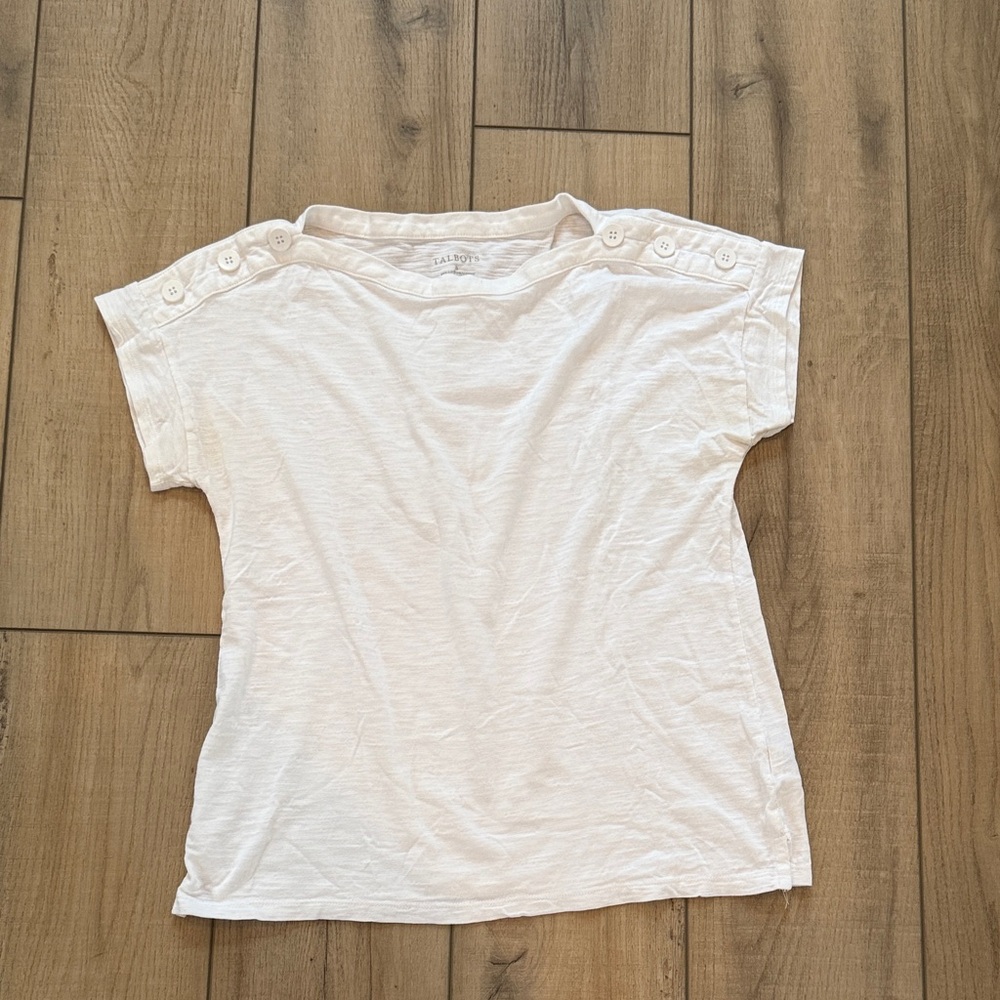 Talbots White Short Sleeve Button-Shoulder Tee